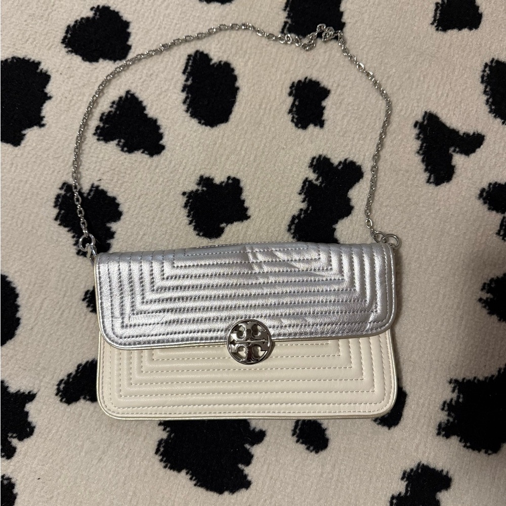 Tory Burch Silver and Cream Quilted Clutch